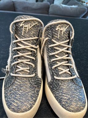 Jimmy Choo Men's Navy-Textured High-Top Sneakers with Cream Accents
